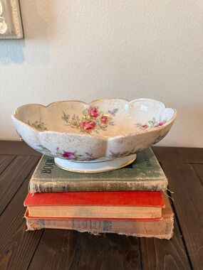 Vintage Saji Dresden Rose Footed Oval Bowl Pink Floral Gold Trim Japan Cottageco